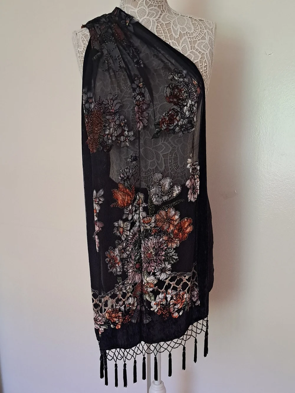 Vintage Black Sheer Floral Scarf with Fringe 100% Silk